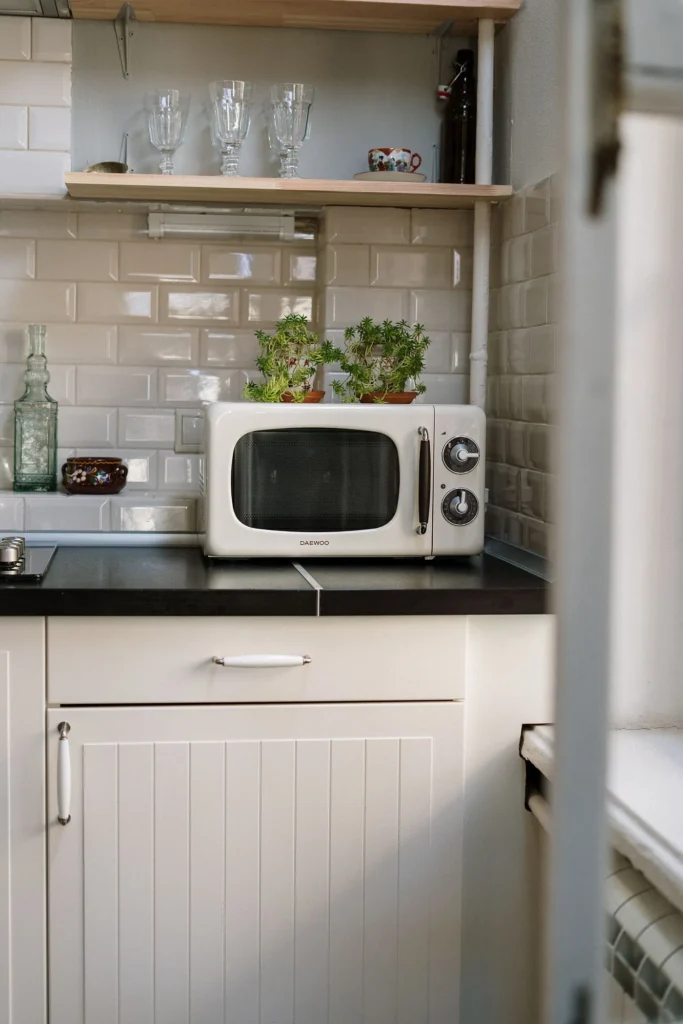 Microwave oven on a kitchen counter